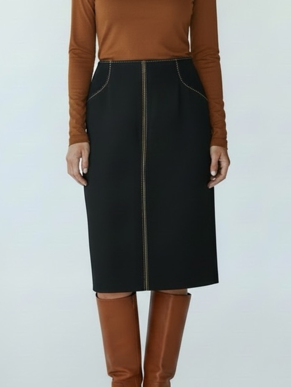 J. Crew Black A-Line Wool Blend Pencil Skirt Tan Contrast Stitching 4 Classic